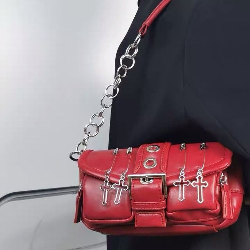 Xiuya Vintage Gothic Schulter Tasche Frauen 2022 Harajuku Punk Pin Kreuz Umhängetaschen Feste PU Leder Frauen Handtasche Tasche