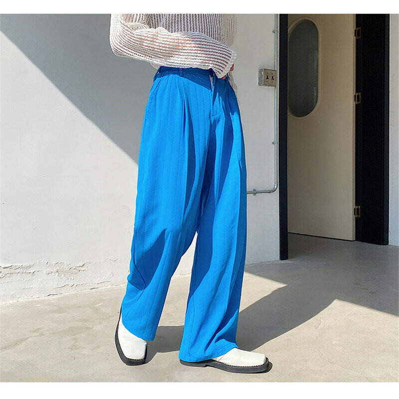 กางเกงหลวมๆสีฟ้าลายออกแบบกางเกงเยาวชนชายชุดกางเกงเอวด้านข้างปรับกางเกงชายเกาหลีเสื้อผ...