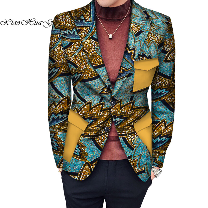 New Fashion African Men Blazers Coat Men Single Breasted Suit Jacket with Patchwork Pocket Men African Clothing Party WYN772