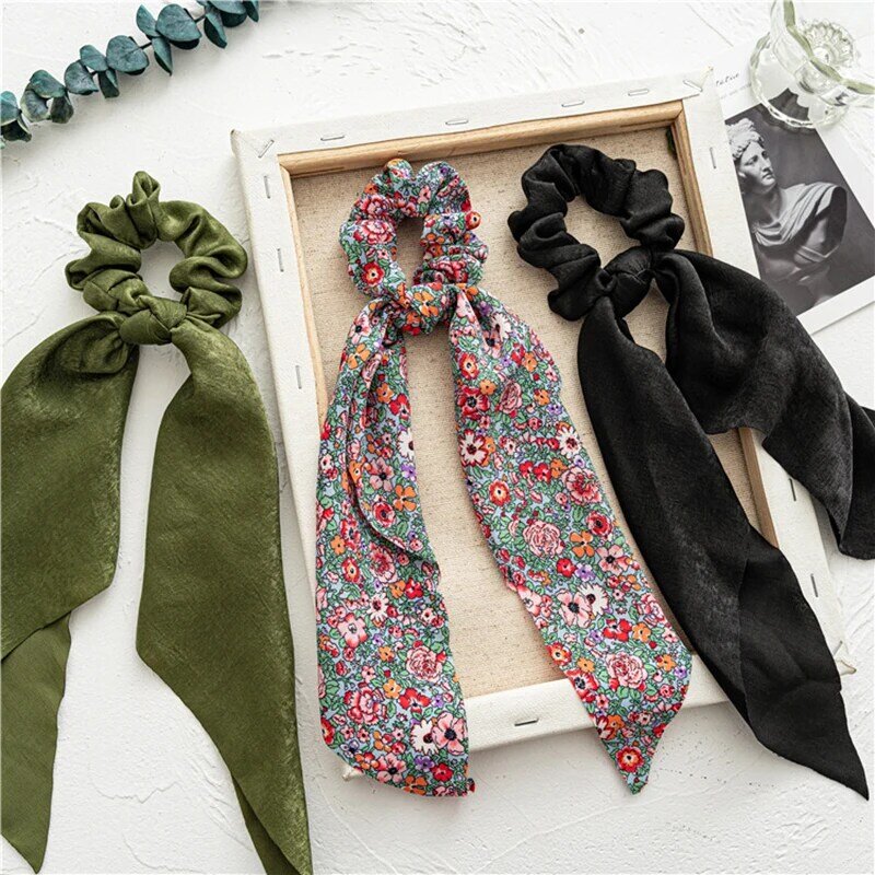 Fashion Solid Color Bow Satin Long Ribbon Ponytail Scarf Hair Tie Scrunchies Women Girls Elastic Hair Bands Hair Accessories