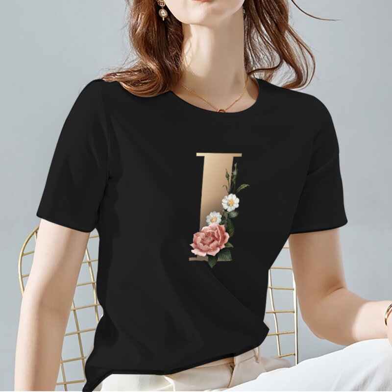 Женская Классическая футболка, черные Универсальные женские топы с круглым вырезом, модная футболка серии с цветочным принтом и буквами, же...