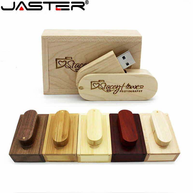 JASTER Wooden Rotatable USB 2.0 Flash Drive 128GB Pen drive Free custom logo 64GB 32GB Creative wedding gift Memory stick U disk