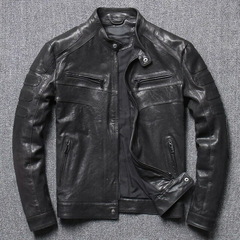 Jaqueta de couro genuíno da motocicleta masculina, jaqueta de pele de cordeiro para a motocicleta, ajuste ocasional magro do revestimento do outono