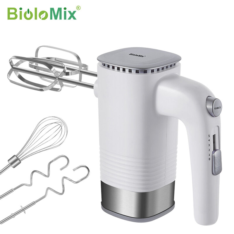 BioloMix-푸드 프로세서 5 단 500W 핸드 믹서 전기 핸드 헬드 주방 반죽 믹서기, 비터 2 개, 거품기 1 개, 반죽 후크 2 개 포함
