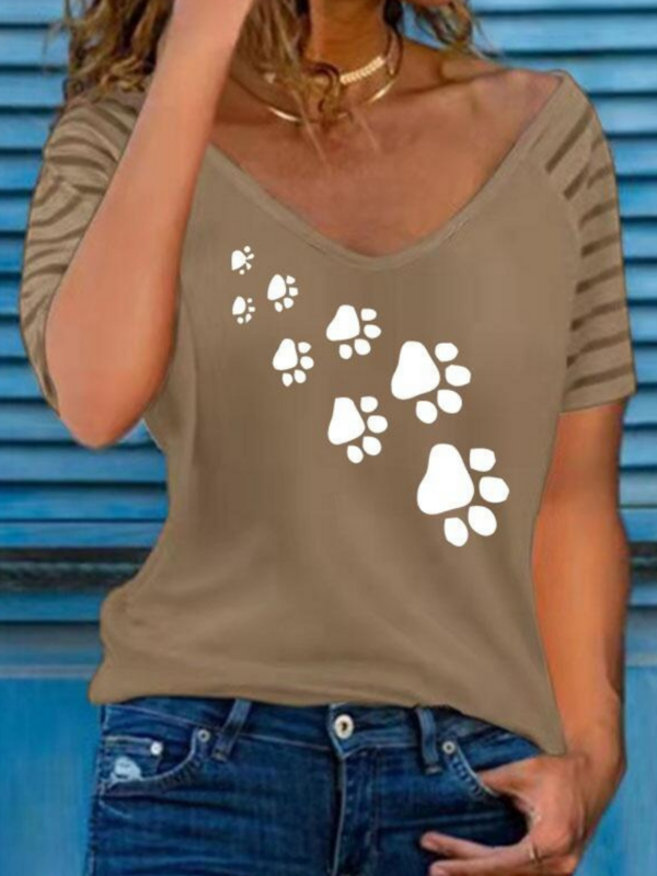 2023 Summer Women Clothing S-5XL Fashion T-Shirt Dog Cat Paw Animal Short Sleeve Harajuku Casual Loose T Shirt V-neck Female Top