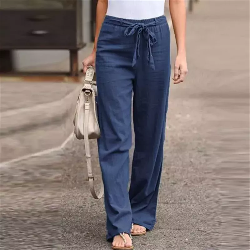 2021 Women's Pants Casual Solid Color Cotton Linen Long Straight Pants Harajuku High Waist with Belt Wide Leg Pants Trousers