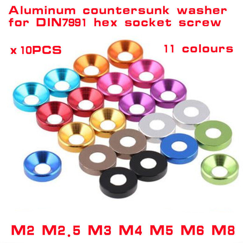 Rondelle en aluminium anodisé coloré m2 m2.5 M3 M4 M5 M6 M8, rondelles de boulons à tête fraisée, 10 pièces/lot