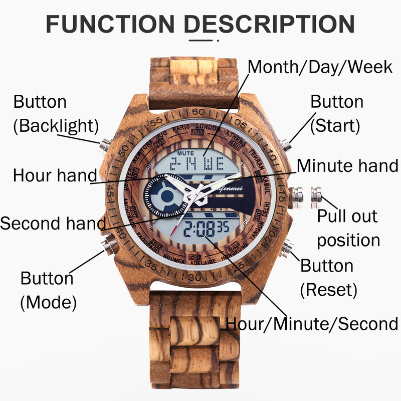 Jam Tangan Digital ไม้สำหรับผู้ชายนาฬิกาข้อมือแฟชั่น gratis ongkir สำหรับผู้ชายนาฬิกาอิเล็กทรอนิกส์ทำจากไม้เ...