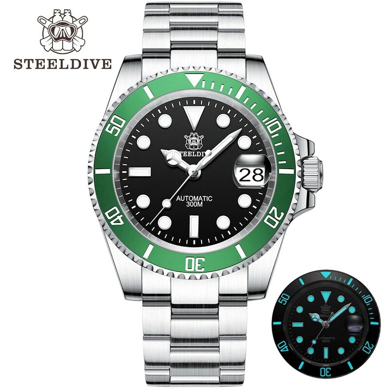 STEELDIVE SD1953 duch wody mężczyźni biznes zegarek wojskowy 41mm ceramiczna ramka szkiełka zegarka zielona tarcza Sapphire 300M wodoodporny NH35 zegarek dla nurka