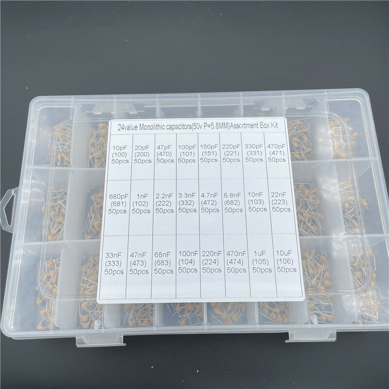 Condensador cerámico monolítico, Kit surtido de condensadores de cerámica de 1200/24 valores x 50 piezas, 10pF ~ 10uF, 1UF, 100NF, 330NF, 0,1 UF, 102, 104, 105