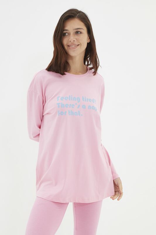 Trendyol slogan impresso pijamas de malha conjunto thmaw22pt0615
