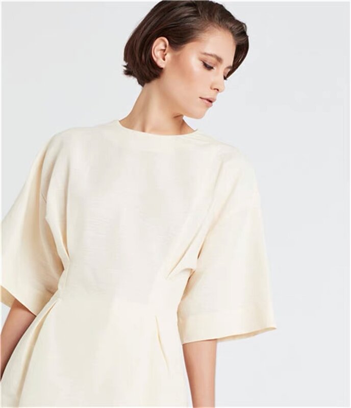 Camisa negra de algodón y lino con cuello redondo para mujer, blusa holgada con costuras de Color liso, Otoño, 2022