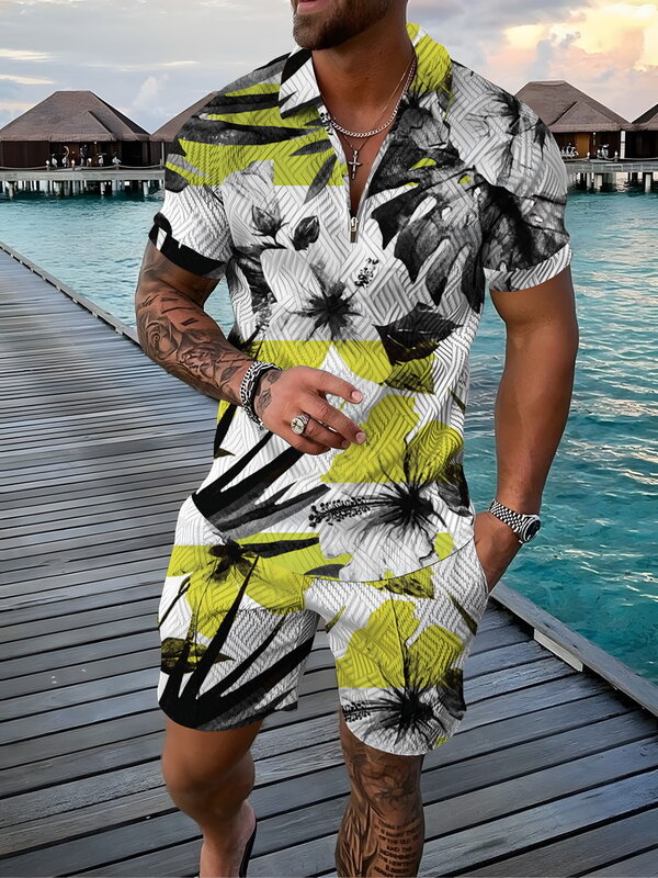Summer Men's Fashion Comfort Suit Casual Vintage Flower 3D Print POLO Zip Lapel Shirt Short Sleeve Suit Streetwear