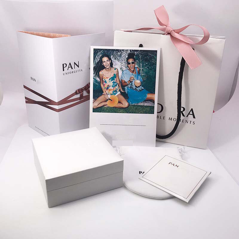 6 cuentas de unids/set para mujer, pendientes, anillo, pulsera, compatible con Pandora Original, bolsas de papel, caja de regalo con logotipo
