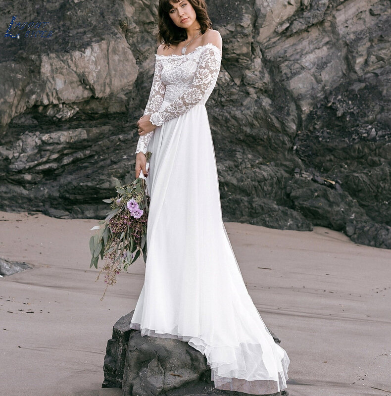 Lange Mouwen A-lijn Kant Wedding Dress Strapless Sweep Trein Bohemian Off-Schouder Lange Mouwen Open Back Bruidsjurk