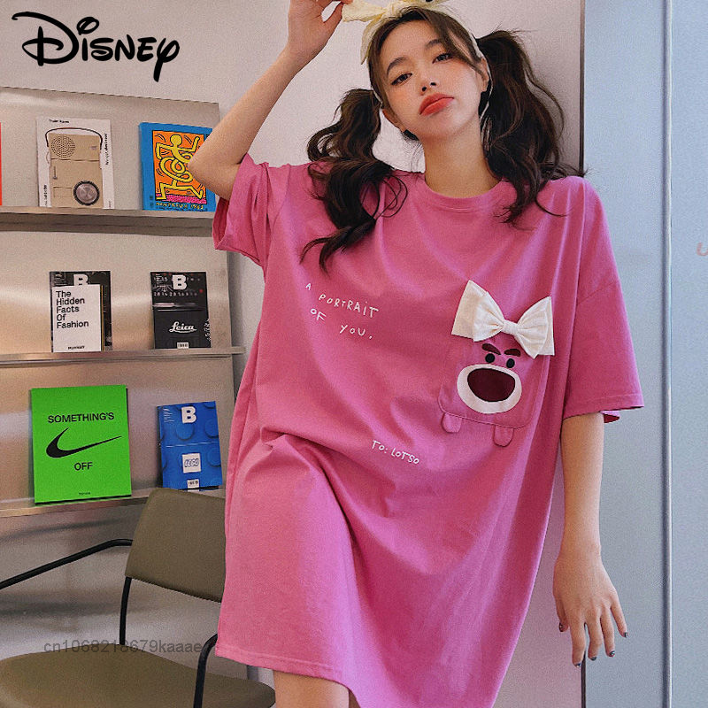 Disney Cartoon Bear Lotso Nightdress Women One Piece Dress Home Clothes With Bow Kawaii Short Sleeve Pajamas Y2k Summer T-shirts