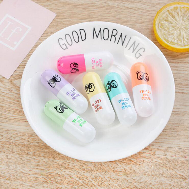 6PCS Cute Mini Smiling Face Pill Highlighter Lovely Cartoon Painting Pen Marking Pens Students Learn Stationery Supplies