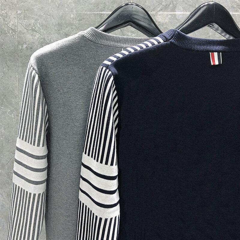 Tb thom camisola de lã de algodão macio masculino de luxo marca crewneck verão sweatercoat stripe designer tricô estilo coreano pullovers