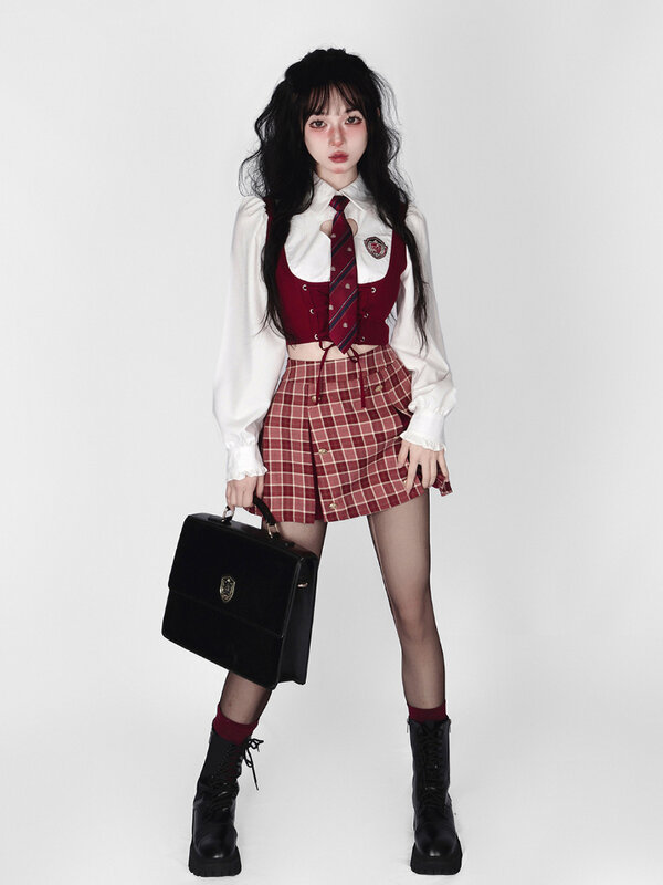 เกาหลีสไตล์หวาน2ชิ้นชุดผู้หญิง Elegant Sweet Kawaii ROK Mini หญิงสไตล์วิทยาลัยเสื้อ + กระโปรงลายสก๊อตชุด2022