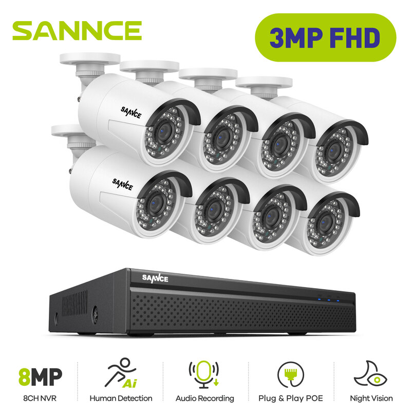 SANNCE 3MP Kamera Keamanan Sistem POE H.264 + 5MP NVR 4X 6X 8X1080P Kamera Pengintai Video dengan Kamera IP Perekam Audio