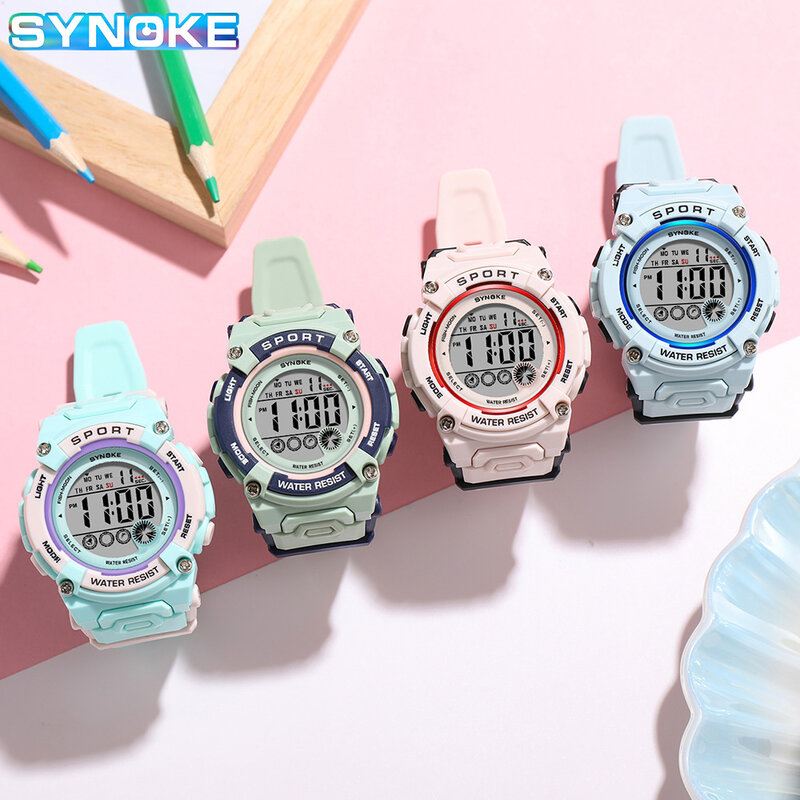 SYNOKE-Reloj electrónico para niños, resistente al agua hasta 50M cronógrafo deportivo, con alarma luminosa y pantalla semanal, ideal para estudiantes