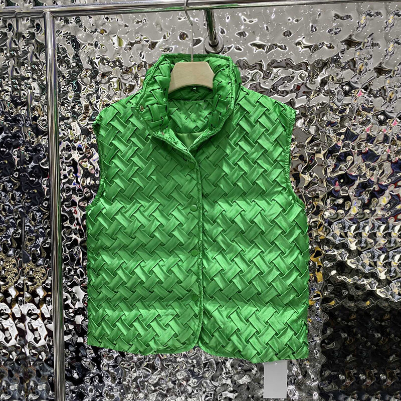 Verde y2k tecido para baixo colete 2022 outono e inverno moda solta gola sem mangas para baixo colete engrossado quente jaqueta feminina