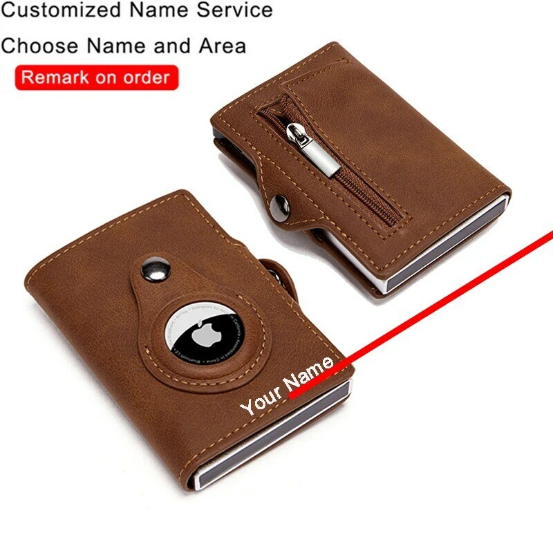 パーソナライズされた名前の革製Airtag財布,カードホルダー,RFIDカードホルダー,Apple Airタグ付きアンチロスケース