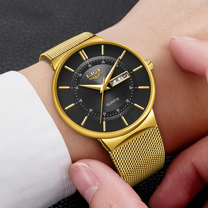 LIGE Luxury กันน้ำ Ultra Thin นาฬิกาวันที่สายคล้องคอผู้ชาย Casual Quartz นาฬิกาข้อมือนาฬิกาผู้ชาย Reloj hombre