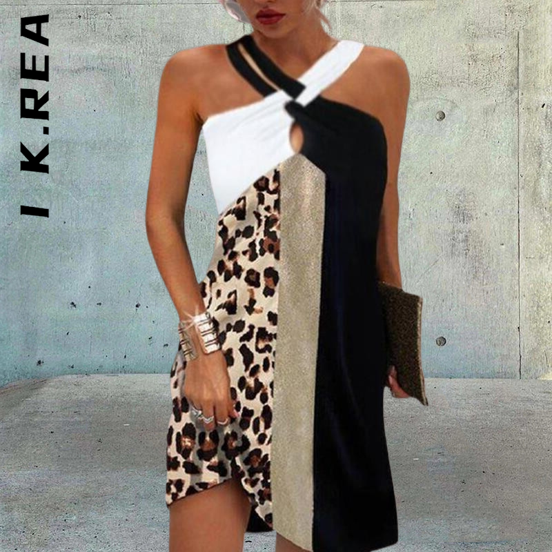 I K.Rea – Mini Robe imprimée léopard, sans manches, Sexy, col licou, Patchwork, Slim, populaire, Robe élégante pour femmes