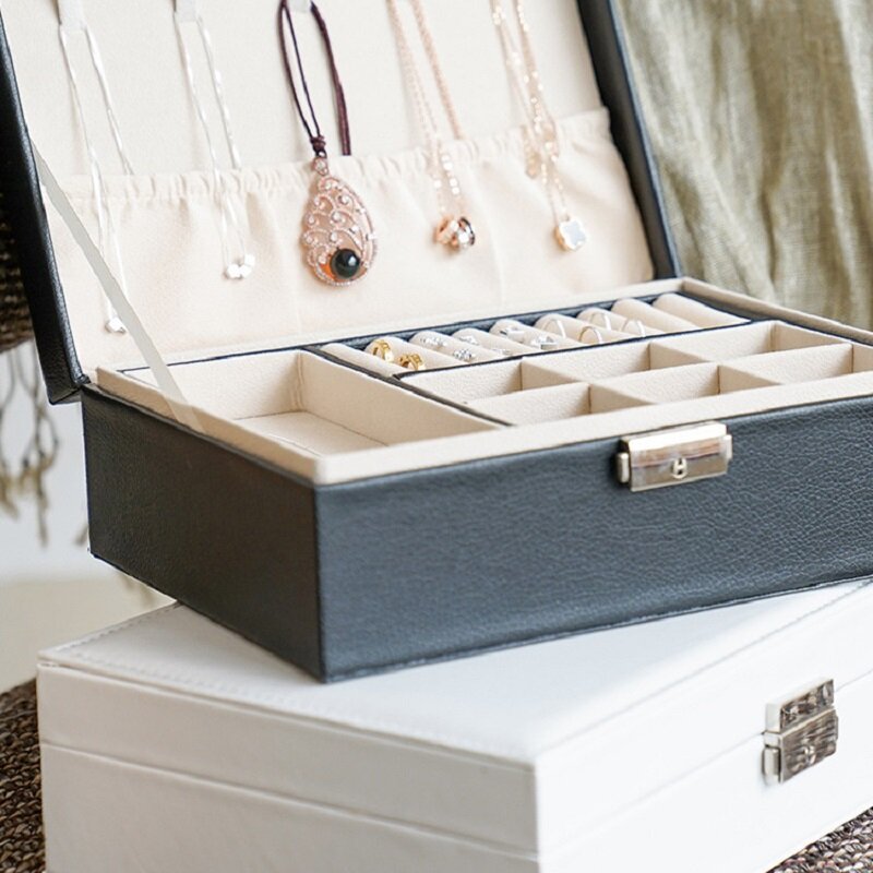 ZLALHAJA 1-2 Lapisan Kotak Perhiasan dengan Kunci Kulit Kotak Penyimpanan Kapasitas Besar Kalung Anting Cincin Organizer Perhiasan
