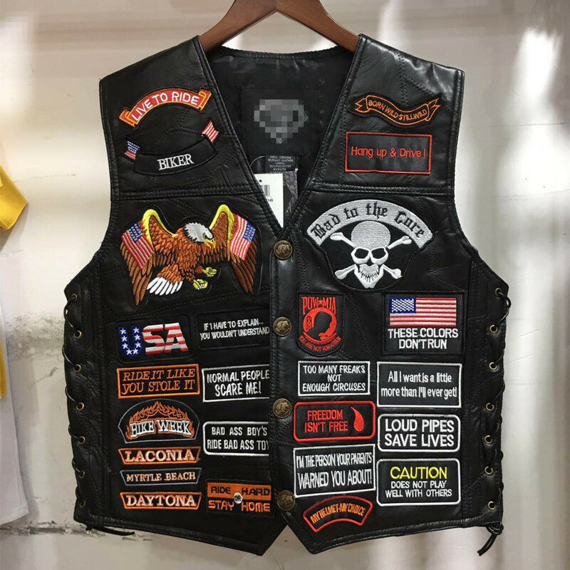Chaleco Harley europeo y americano para hombre, para montar Chaleco de cuero, 42 insignias bordadas, novedad de 2022