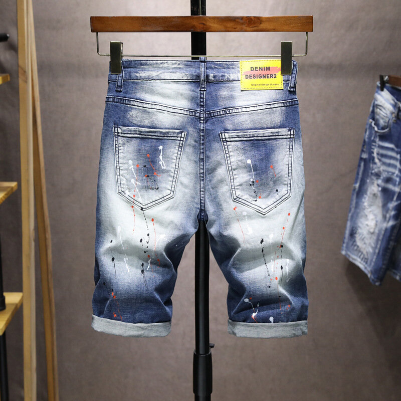 DSQ2 marka mężczyźni letnie otwory spodenki jeansowe jasnoniebieskie spodenki dżinsy wysokiej jakości Street męskie Stretch Fit dżinsy szorty rozmiar 38