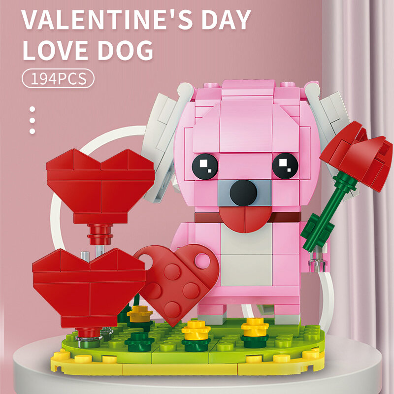 Bloques de construcción DIY para niños, juguete de ladrillos para armar perro de dibujos animados, color rosa y azul, ideal para regalo de San Valentín, 194 piezas