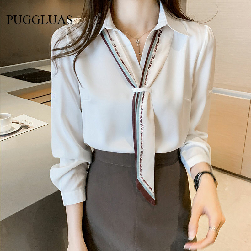 Atasan Blus Sifon Putih Kemeja Wanita Kantor Longgar Kasual dengan Kerah Pakaian Wanita Mode Dasi Pullover Lengan Panjang Ukuran Plus