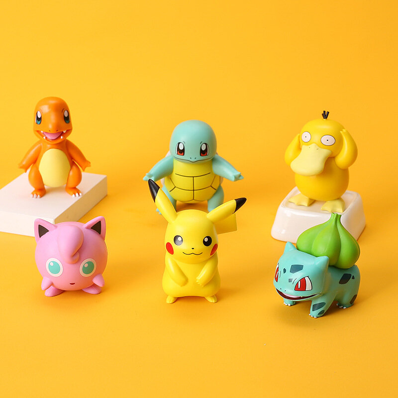 6รูปแบบ Pokemon Pikachu Charmander Psyduck Squirtle Jigglypuff Bulbasaur Bulbasaur Anime Figures ของเล่นเด็ก Kawaii ของขวัญ