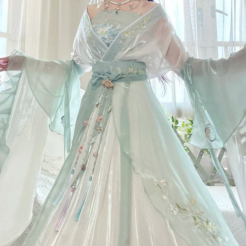 Gaun Hanfu Tradisional Tiongkok Musim Panas Asli Gaun Cosplay Peri Peningkatan Lengan Besar Hijau Ligiht Kostum Pesta Wanita