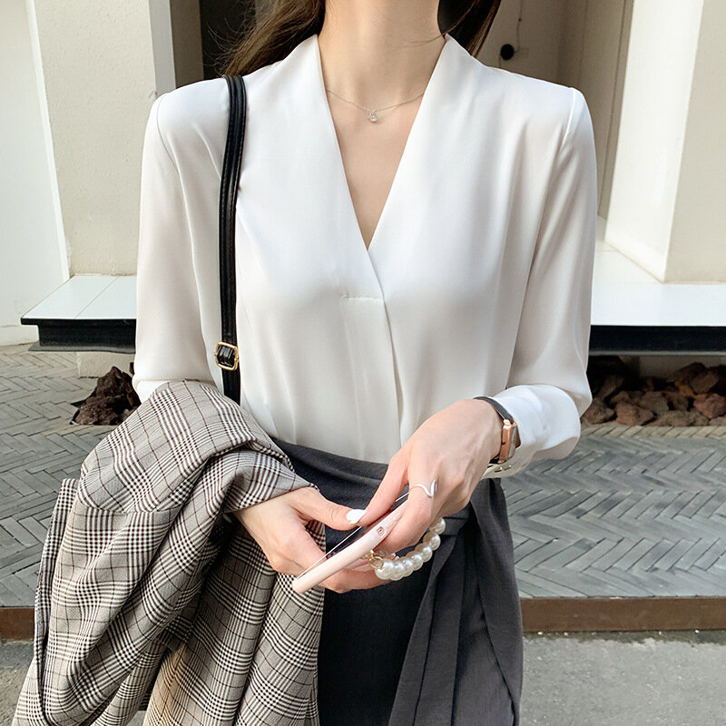 Blusa blanca De manga larga para primavera y otoño, camisa De gasa con cuello en V para Mujer, 2021