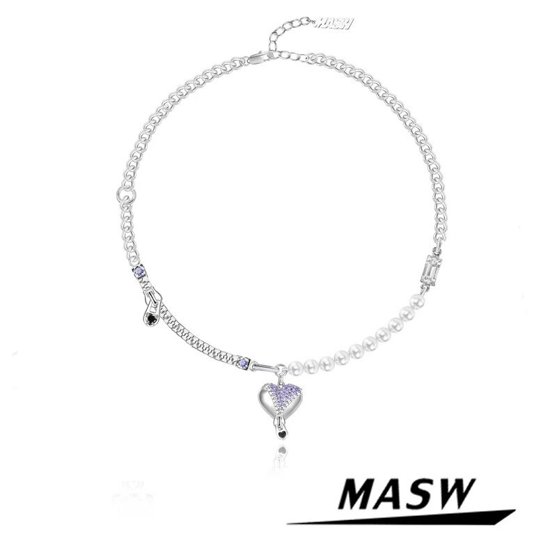 Masw moda jóias aaa zircão coração pingente colar design de luxo popular uma camada de corrente contas colar para presentes femininos