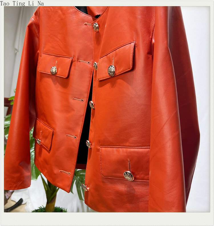 Pele de carneiro jaqueta de couro genuíno feminino em torno do pescoço moda magro jaqueta de couro s3