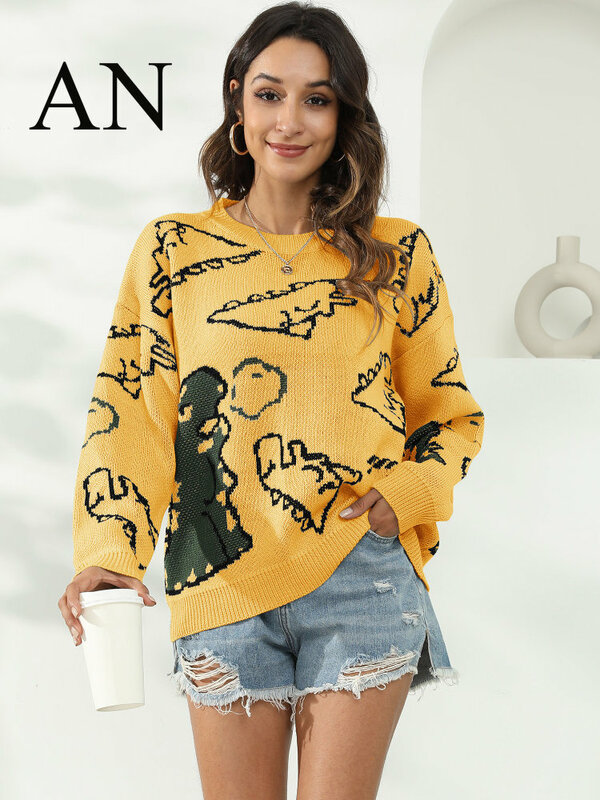 Suéter grueso con personalidad de dinosaurio para mujer, suéter informal holgado, ropa Coreana de gran tamaño