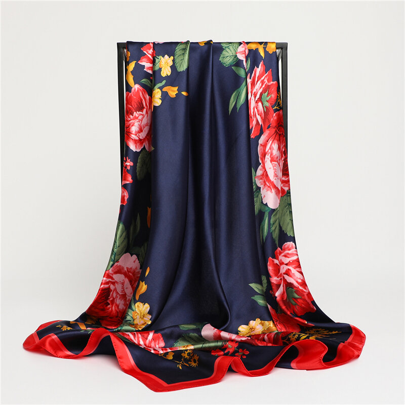 Floral Printing Satin Silk Hijab Women Square Scarf Muslim Wrap Muffler Shawls Heandband Bandana Neckerchief Foulard 90*90cm