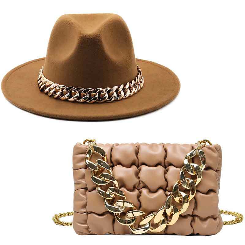 Fedoras Hut Frauen Luxus Zubehör Gold Kette Tasche Hüte Set Damen Rot Tote Tasche Elegante Jazz Top Hüte Und Kopfbedeckungen für Hochzeiten