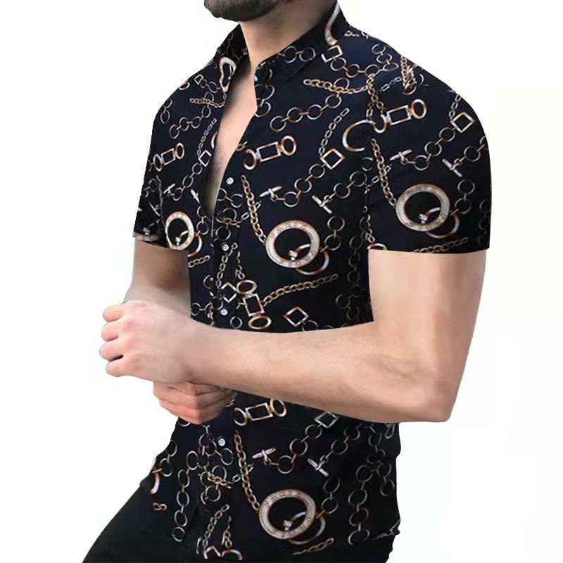 2022 Nieuwe Lente Zomer Geometrische Print Shirts Mannen Mode Turn Down Kraag Button Down Shirt Casual Vest Korte Mouw Straat