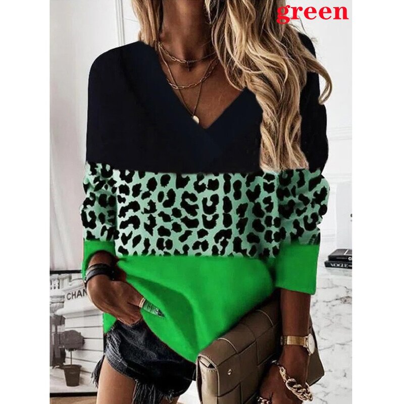 2022 Women Fashion Loose Casual Long Sleeve Leopard Print Floral Print V Neck Spring and Autumn Tops Blouses Pullover