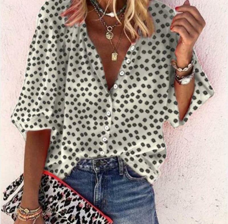 New V-neck Floral Printing Long Sleeved Large Size Women's Shirt Spring Casual Korean Single Breasted Loose Button Cardigan Top