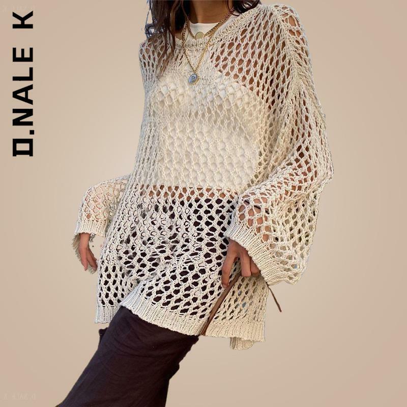 D.Nale K Y2K Harajuku Hollow Out Knit Pullovers Crewneck 2022 Fashion Autumn Vintage Crochet Smock Sweater Knit Smock Top Women
