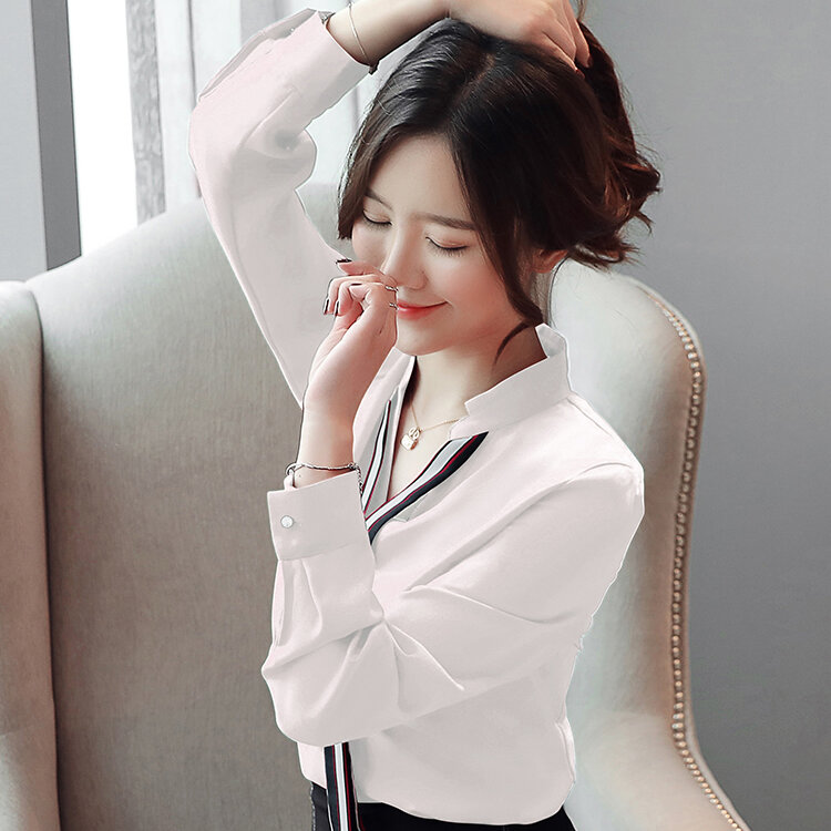 Blusa Coreana de manga larga para mujer, Camisa de gasa a rayas con cuello en V, para oficina, 800B, 2022