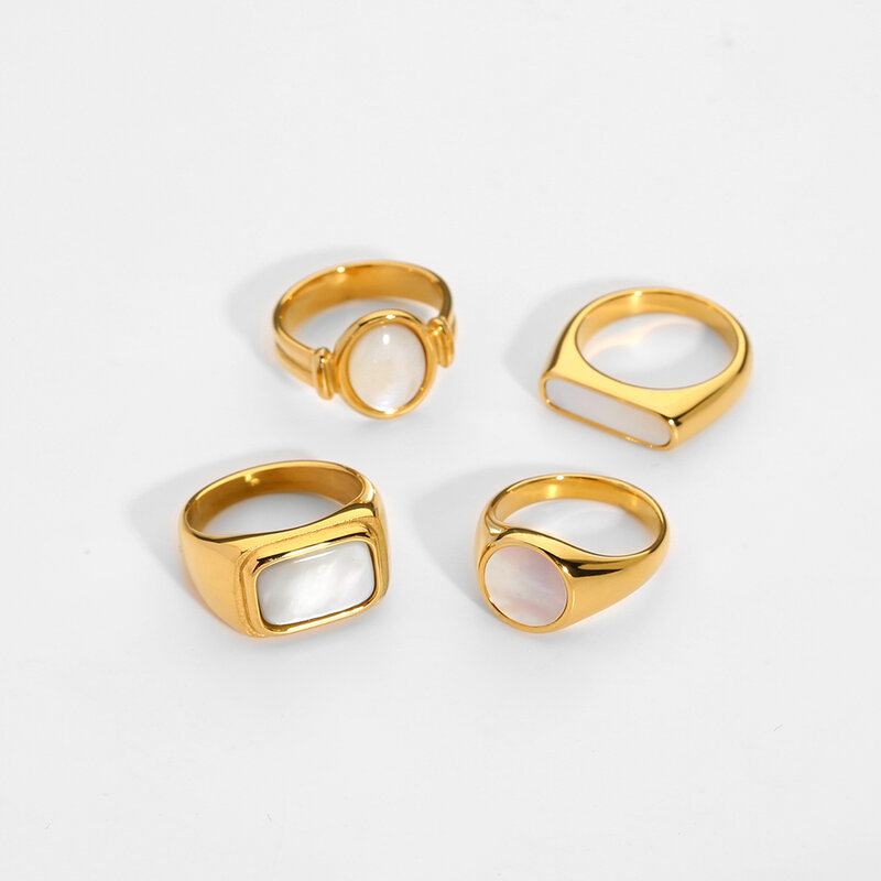 New Arrival Natural Shell Ring For Women Stainless Steel 18K Gold Fashion Square Oval Ring Waterproof Jewelry Summer Day