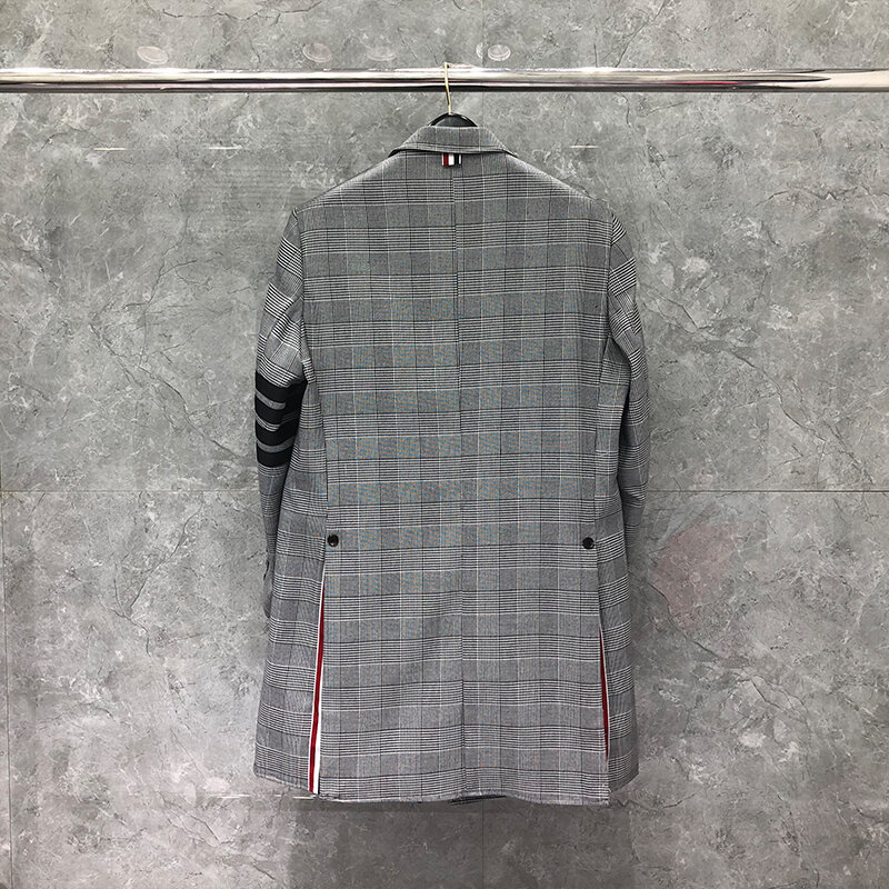 Giacche da uomo TB THOM marchio di moda autunno inverno lungo soprabito nero bianco lana colletto rovesciato Blazer scozzese con Design a 4 barre