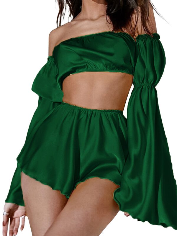 Set pigiama da 2 pezzi da donna con spalle scoperte manica lunga svasata Crop top Shorts Set Loungewear Summer Sleepwear